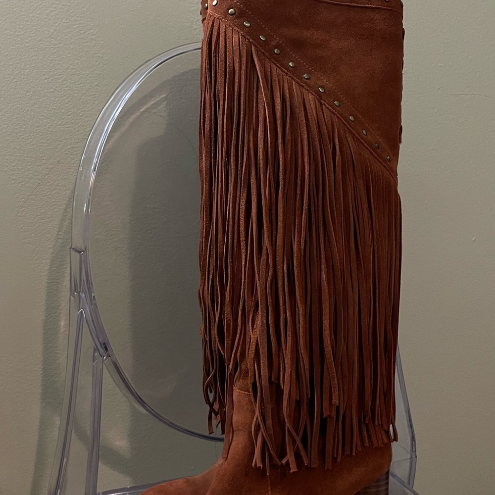 Brown Fringe Knee-High Boots